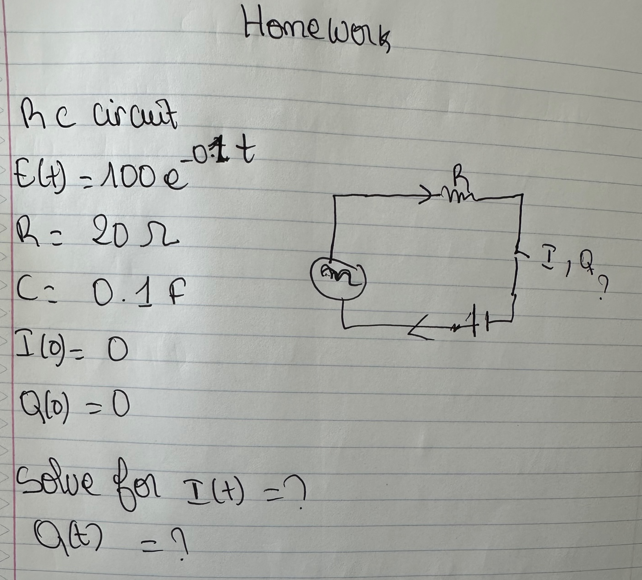 Solved Homework RC circuit E(t)=100e−0.1tR=20ΩC=0.1 | Chegg.com