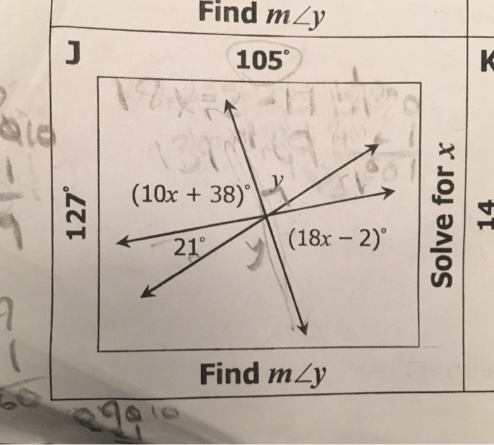 Solved Find mZy 105° (10x + 38) 127° Solve for x 14 21 (18x | Chegg.com