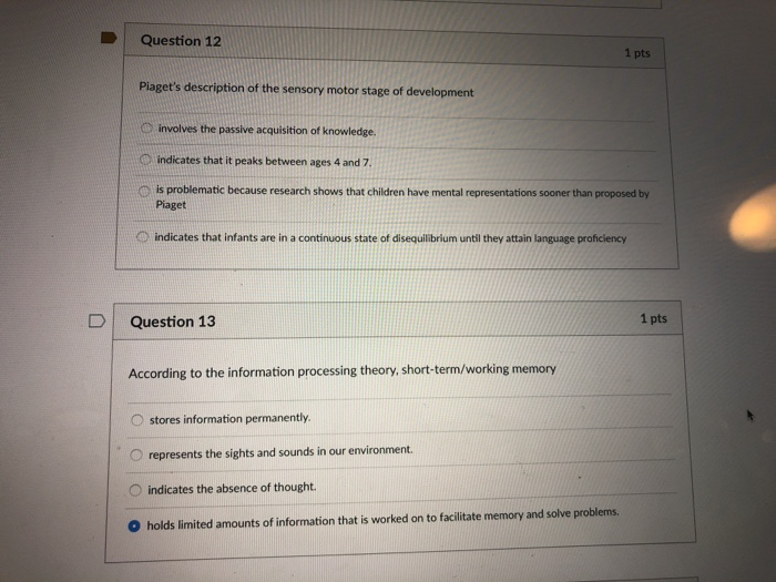 Solved Question 12 Piaget s description of the sensory motor