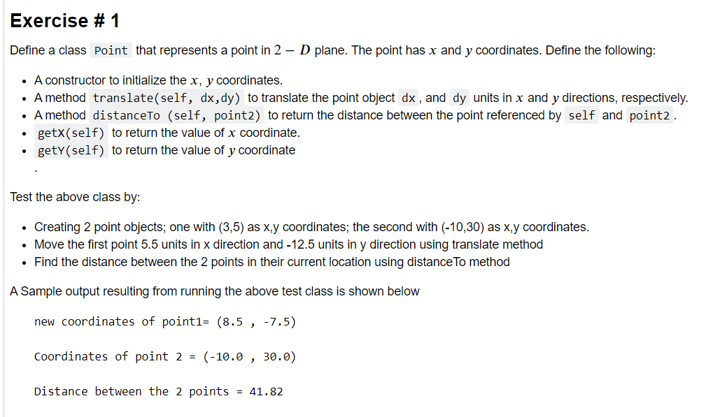 Solved Exercise # 1 Define a class Point that represents a | Chegg.com