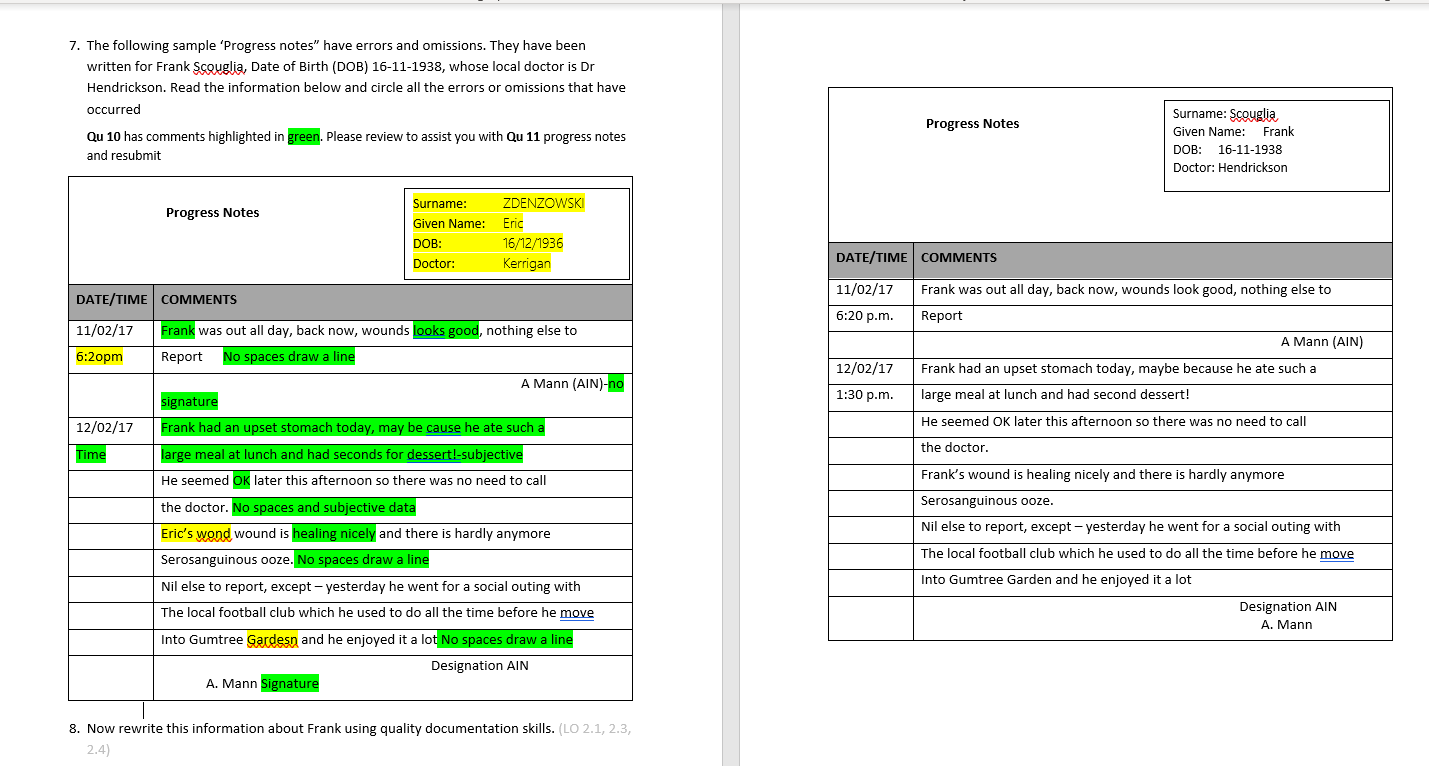 Solved 7. The following sample 'Progress notes