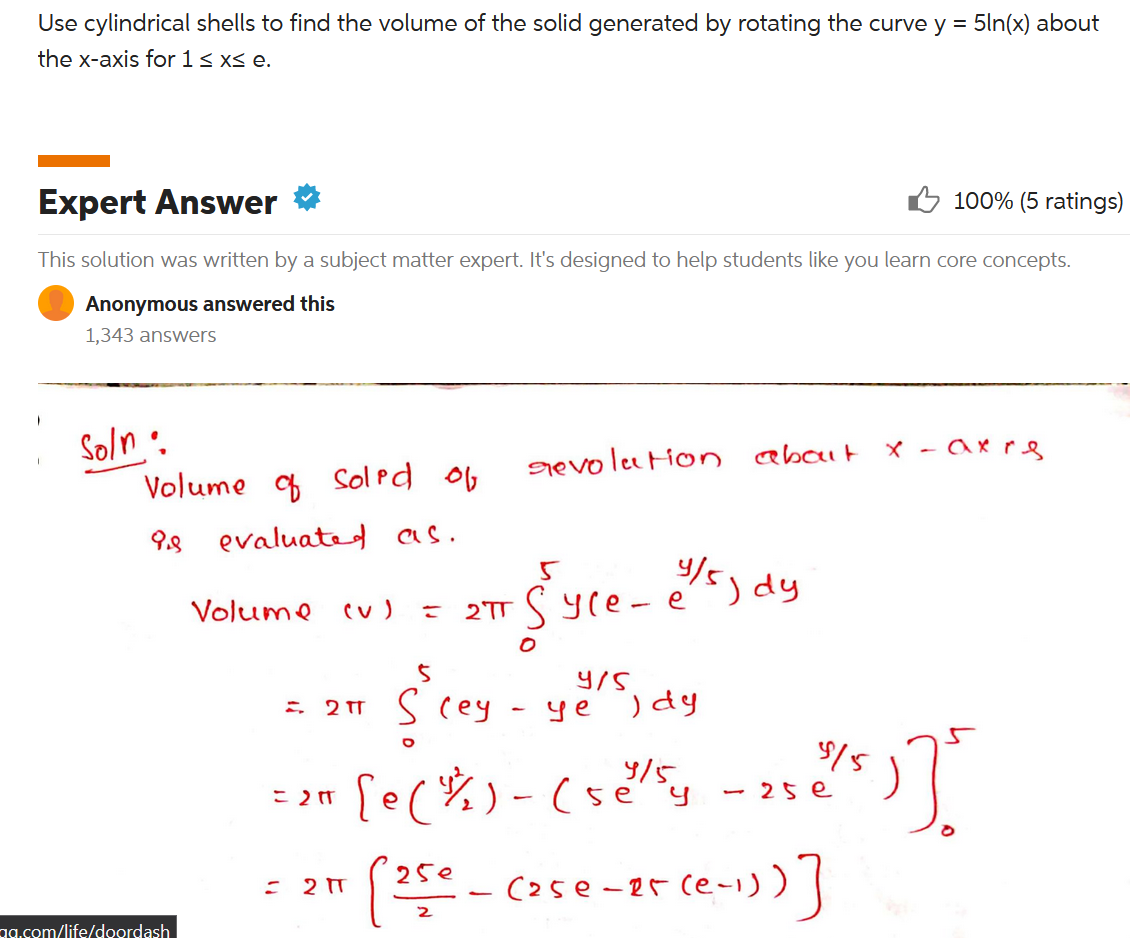Solved Use cylindrical shells to find the volume of the | Chegg.com