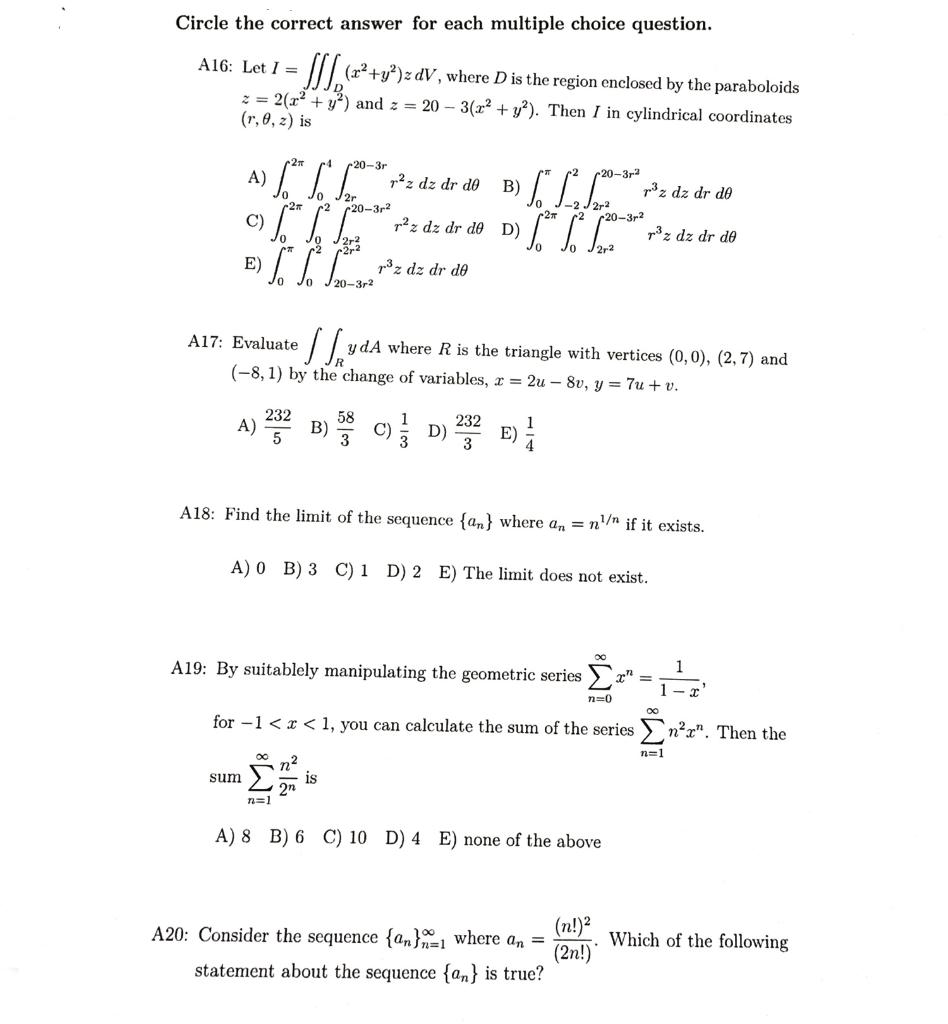 Solved Circle the correct answer for each multiple choice | Chegg.com