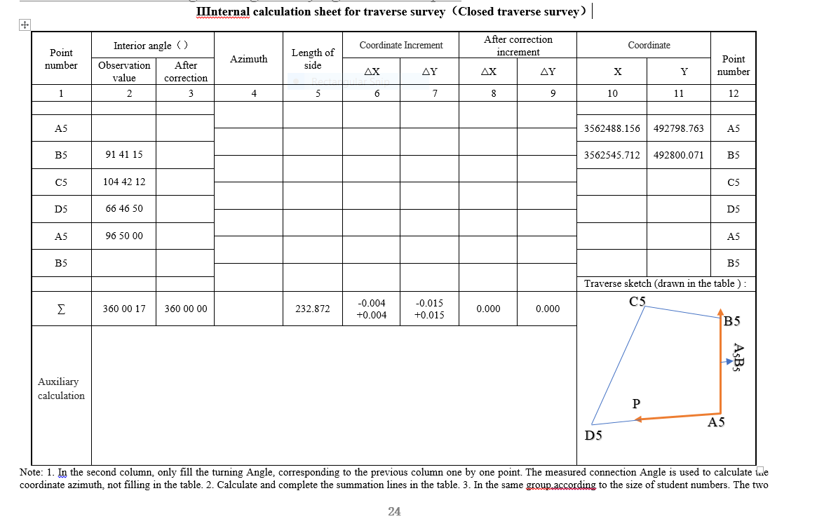 IIInternal Calculation Sheet For Traverse Survey | Chegg.com