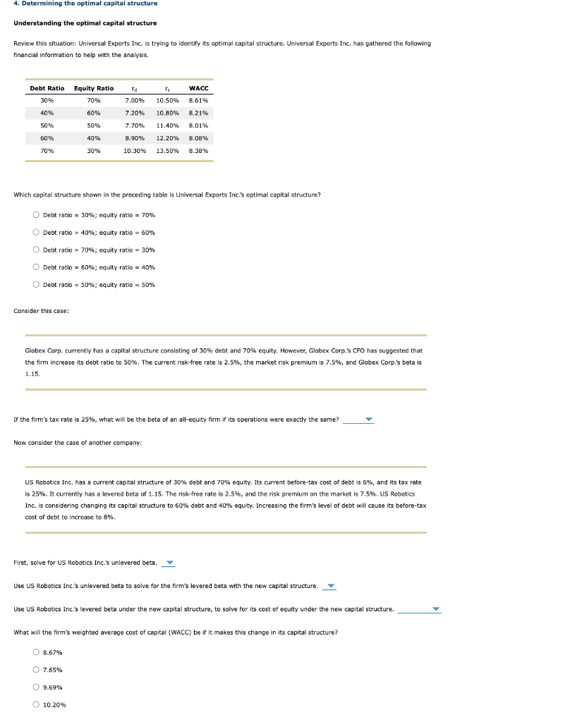 Solved 4. Determining the optimal capital structure | Chegg.com