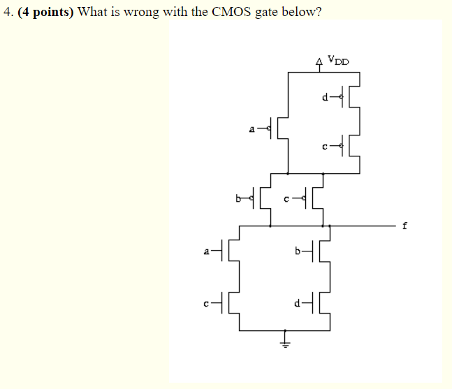 Solved 4. (4 points) What is wrong with the CMOS gate below? | Chegg.com