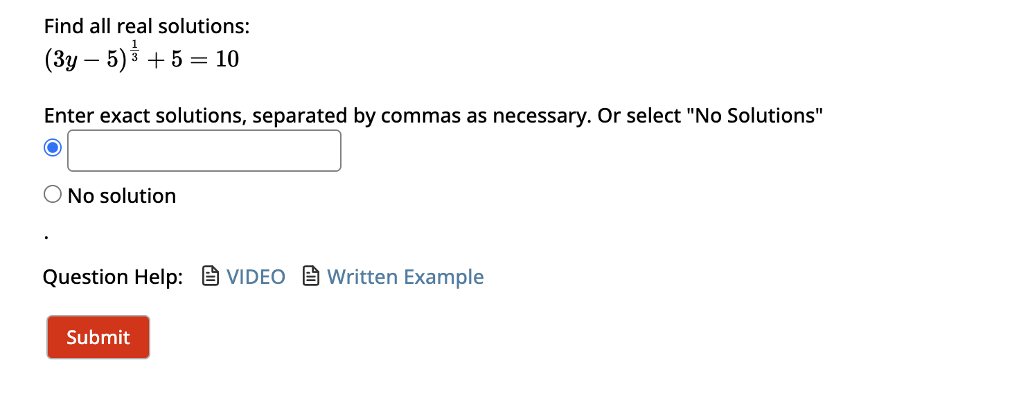Solved Find all real solutions: (3y−5)31+5=10 Enter exact | Chegg.com
