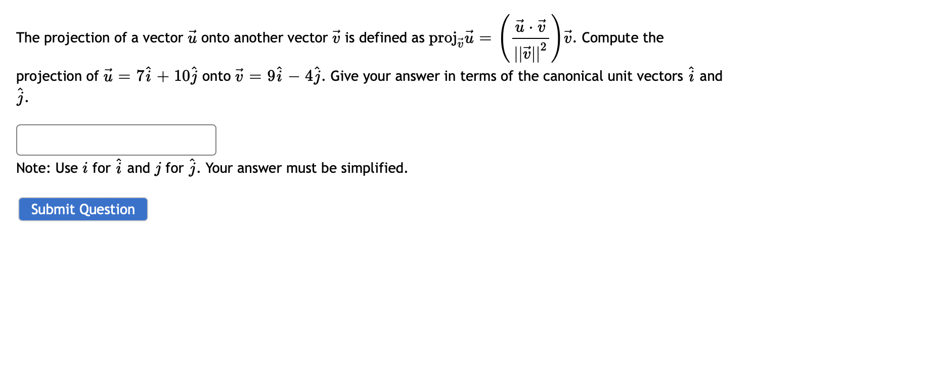 Solved The projection of a vector ū onto another vector V is | Chegg.com