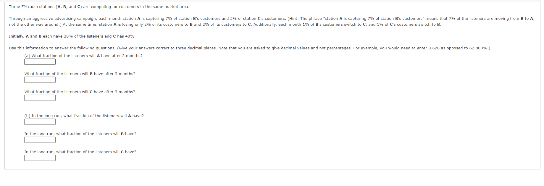 Solved Three FM Radio Stations (A, B, And C) Are Competing | Chegg.com
