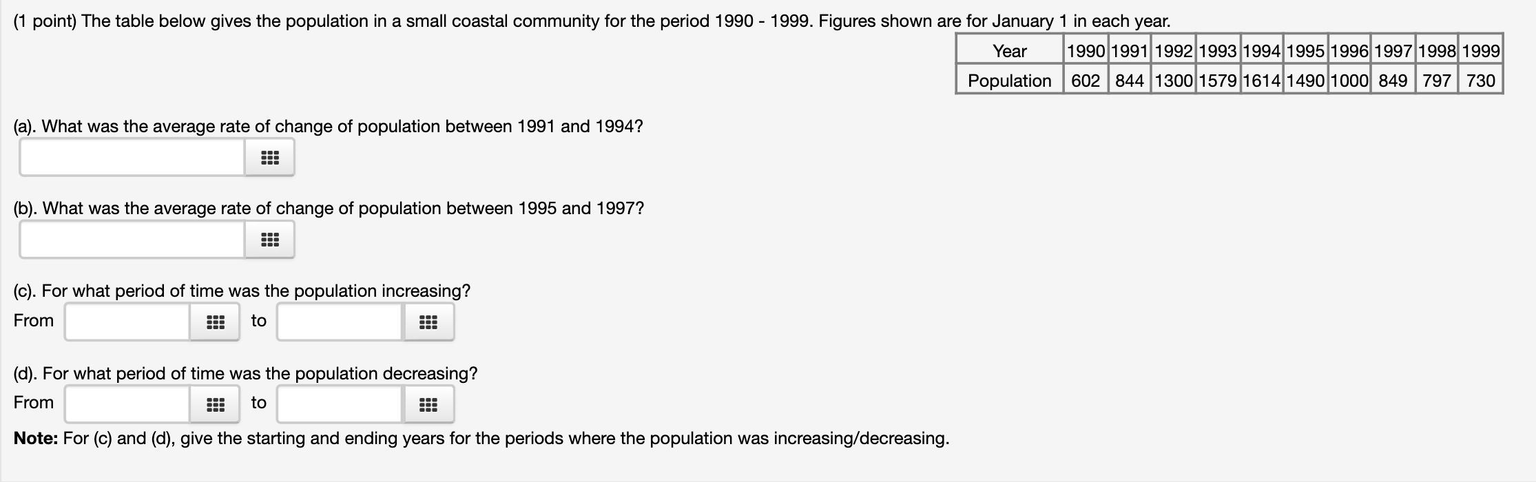 Solved (1 point) The table below gives the population in a | Chegg.com