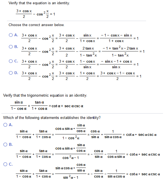 Solved , Verify that the equation is an identity 3+ cos COS | Chegg.com