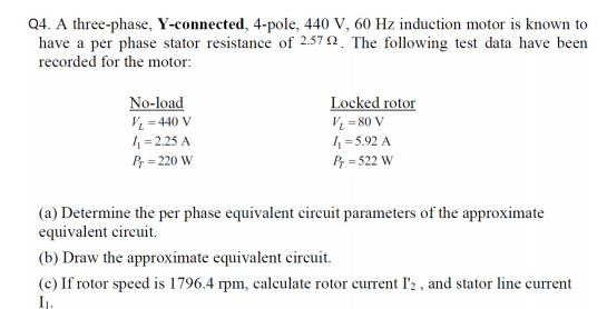 Solved Q4. A three-phase, Y-connected, 4-pole, 440 V, 60 Hz | Chegg.com