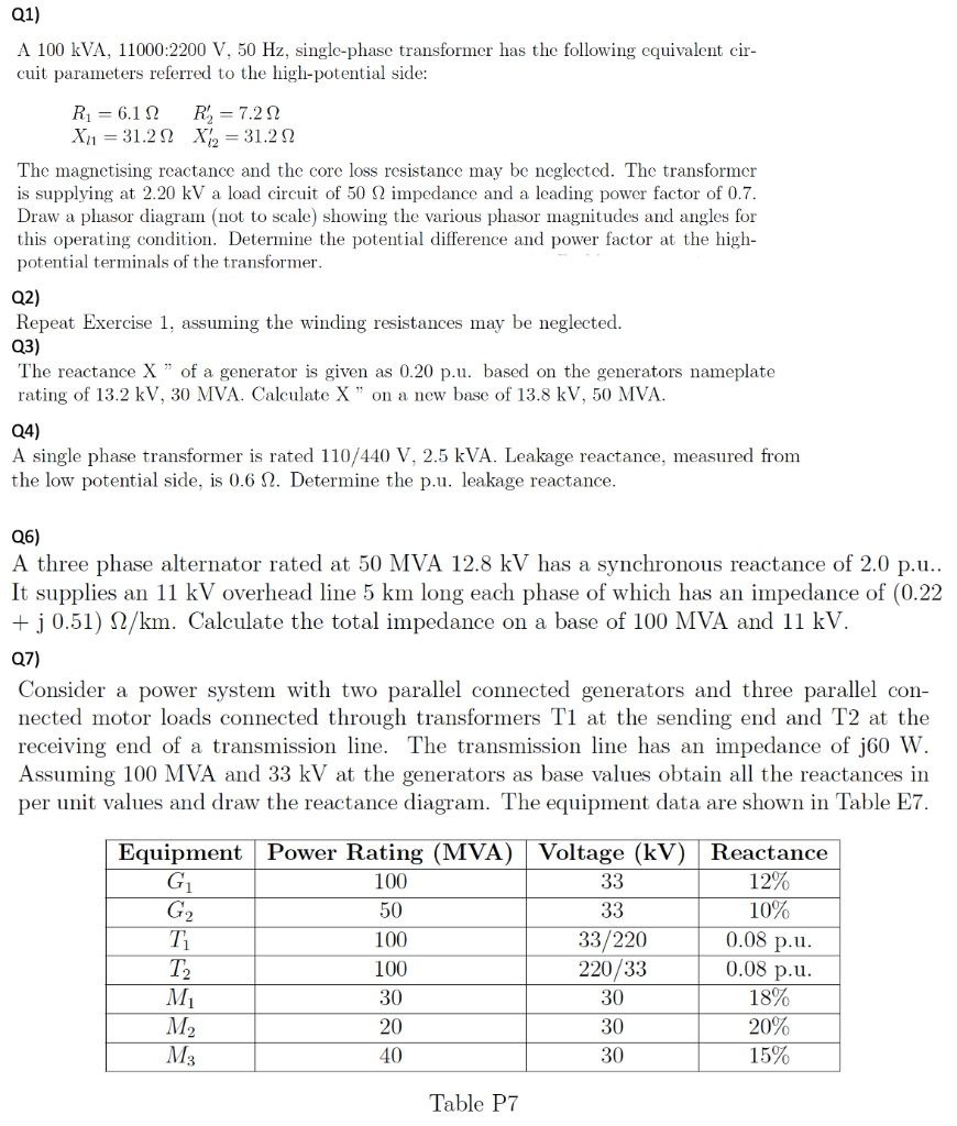 Solved Q1) A 100 KVA, 11000:2200 V, 50 Hz, Single-phase | Chegg.com