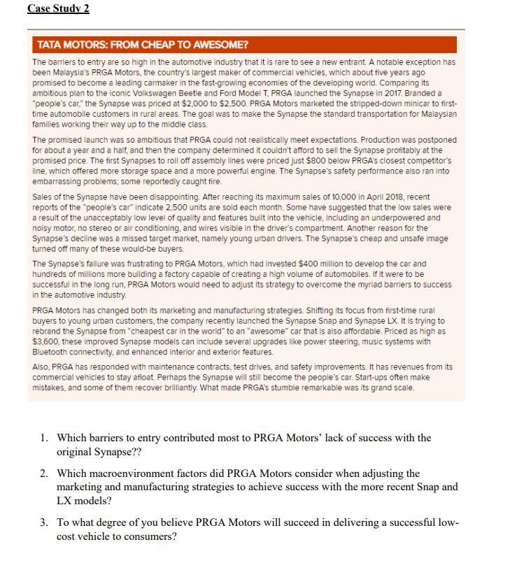 Solved Case Study 2 TATA MOTORS FROM CHEAP TO AWESOME? The