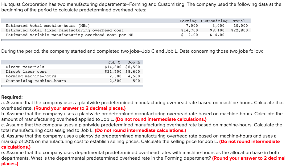 Solved Hultquist Corporation has two manufacturing