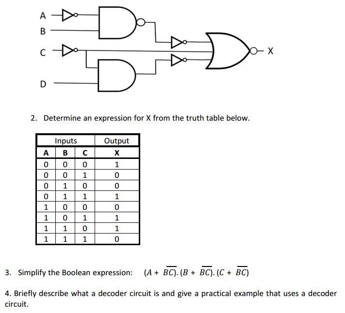 Solved 2. Determine an expression for X from the truth table | Chegg.com