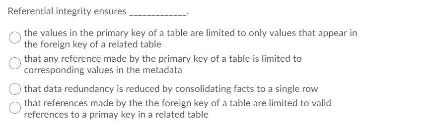 Solved Referential integrity ensures the values in the | Chegg.com