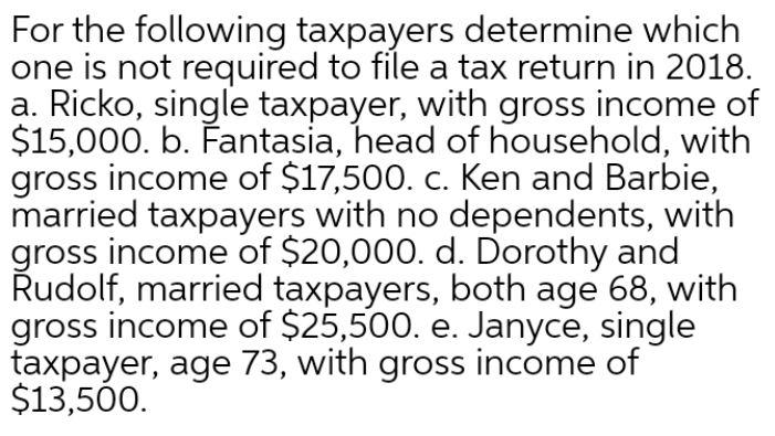 Solved For The Following Taxpayers Determine Which One Is | Chegg.com