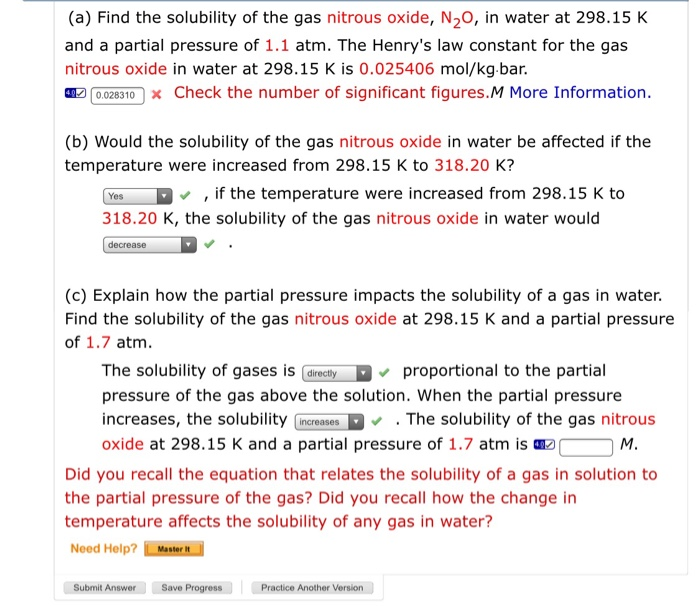 Solved (a) Find the solubility of the gas nitrous oxide,