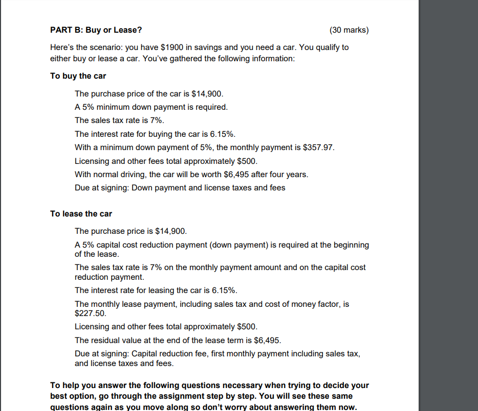 Solved PART B Buy or Lease? (30 marks) Here's the scenario