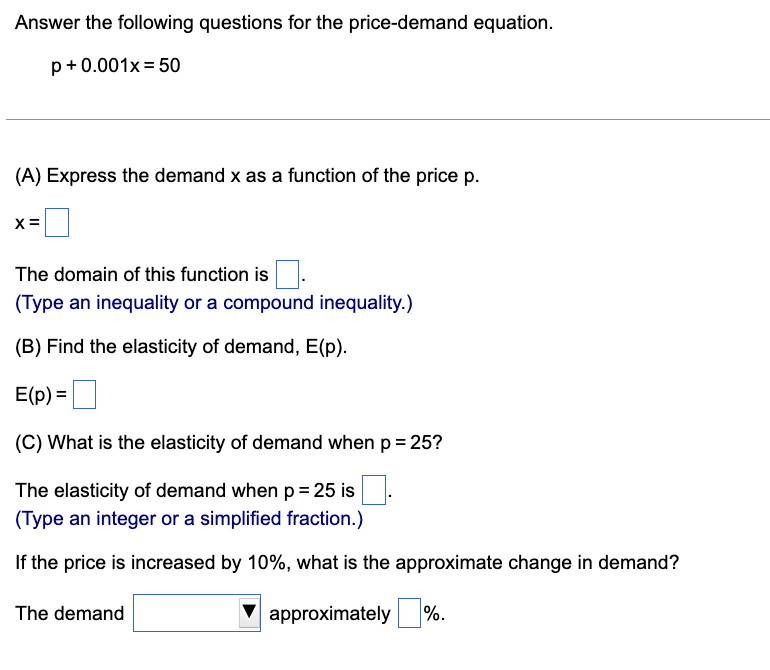 Solved Answer The Following Questions For The Price-demand | Chegg.com