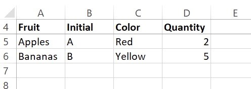 Quantity 4 Fruit Initial 5 Apples A 6 Bananas B Color Red Yellow 8