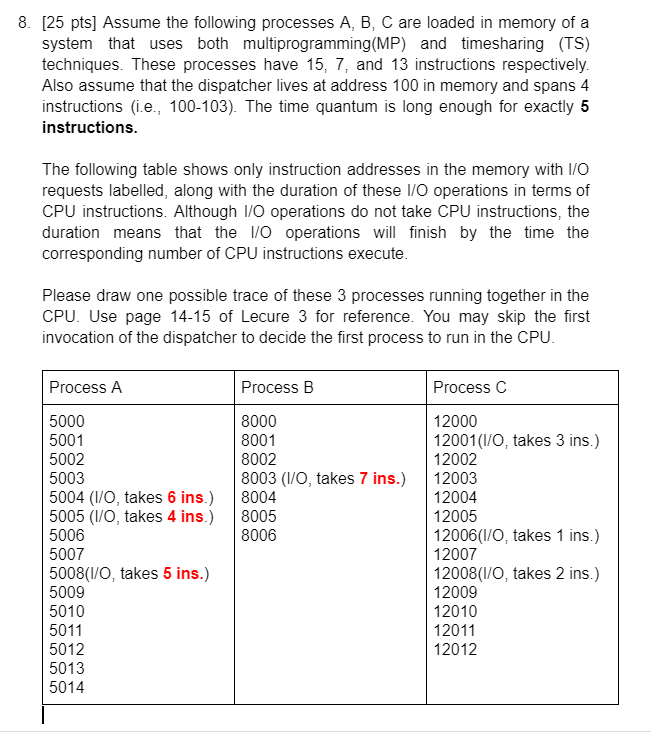 8. [25 pts] Assume the following processes A, B, C | Chegg.com