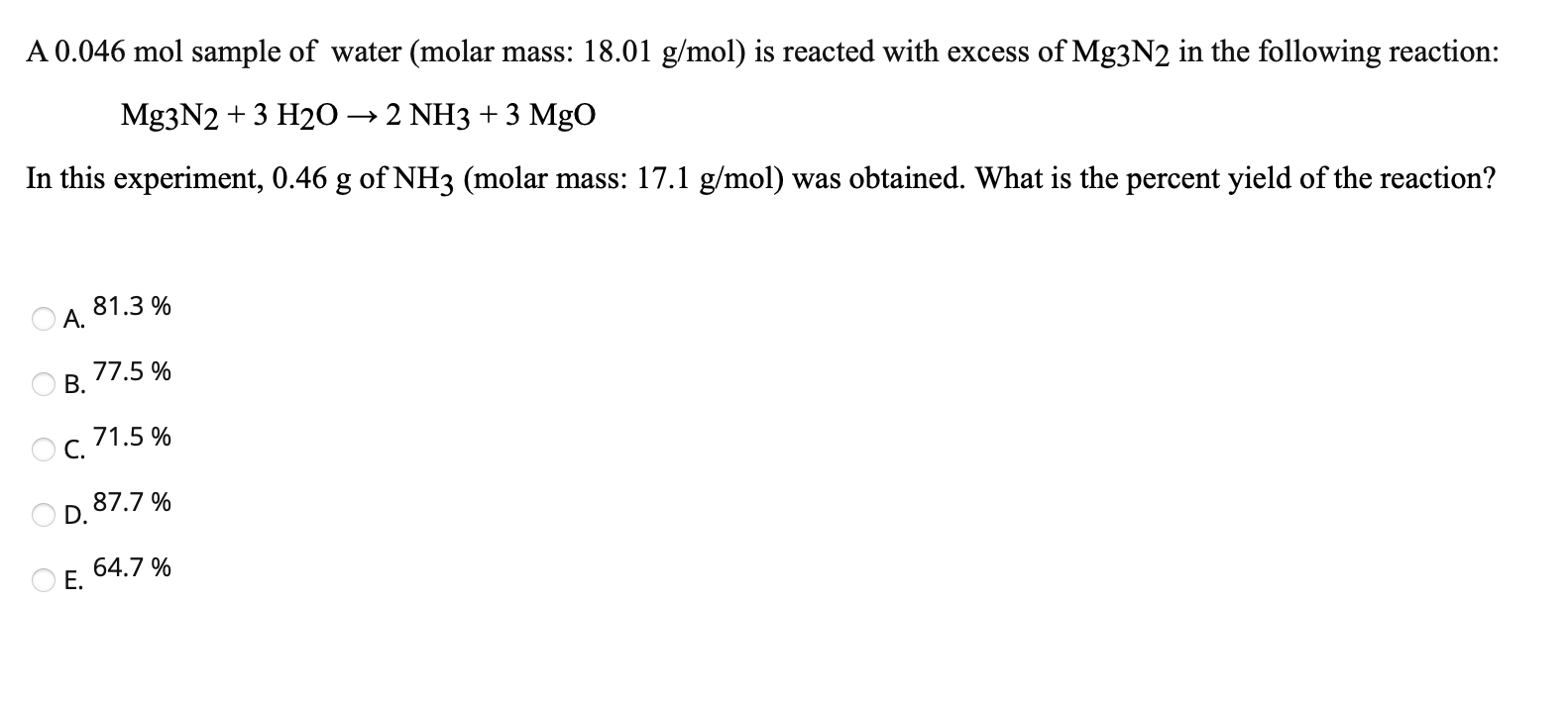 Solved A 0.046 mol sample of water (molar mass: 18.01 g/mol) | Chegg.com