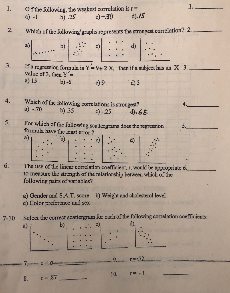 Solved 1. Of the following, the weakest correlation is r= a)