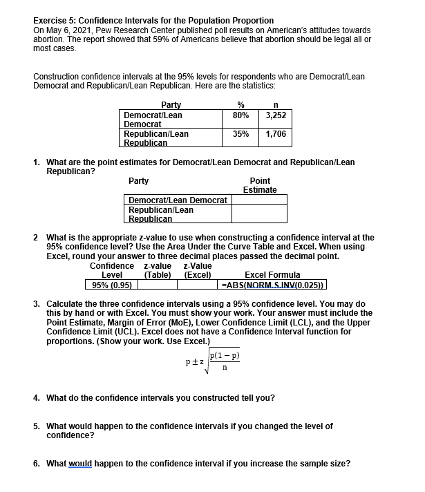 Solved Exercise 5: Confidence Intervals for the population | Chegg.com