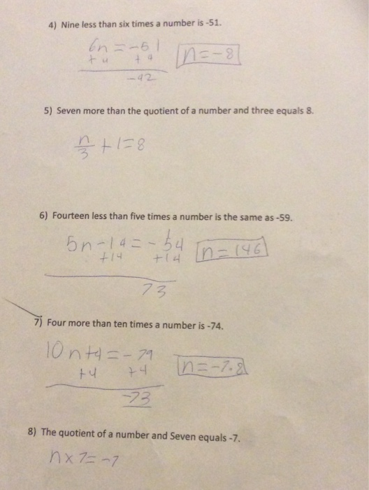 Solved 4) Nine less than six times a number is-51. -42 5) | Chegg.com