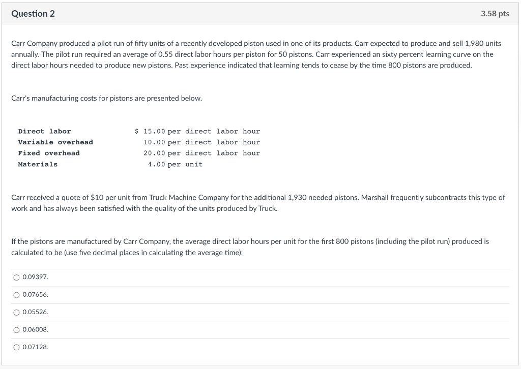 Solved Carr Company produced a pilot run of fifty units of a