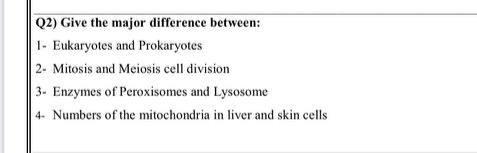 Solved Q2) Give the major difference between: 1- Eukaryotes | Chegg.com