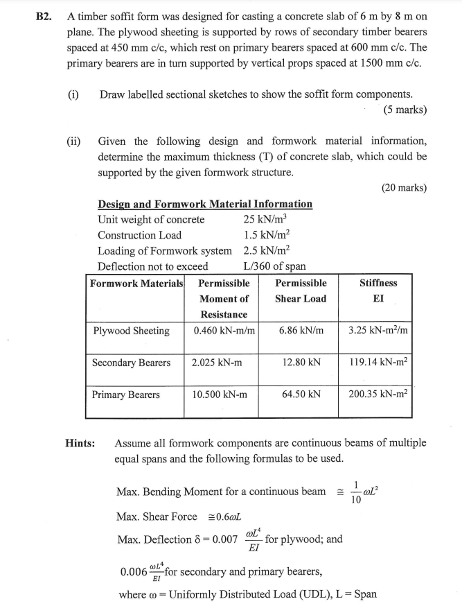 B2. A timber soffit form was designed for casting a concrete slab of \( 6 \mathrm{~m} \) by \( 8 \mathrm{~m} \) on plane. The