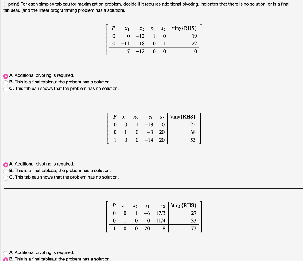 Solved (1 point) For each simplex tableau for maximization | Chegg.com