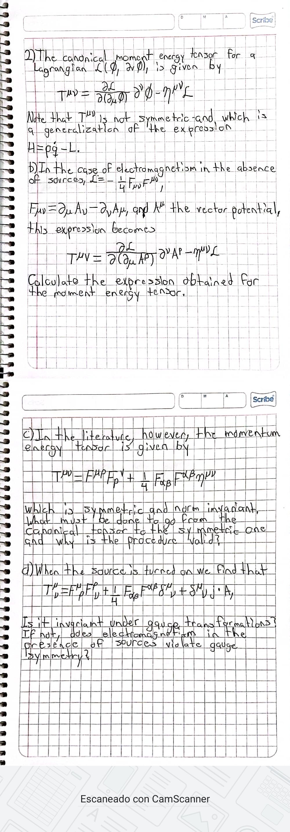 Solved 2) The candnical momant energy tensor for a | Chegg.com