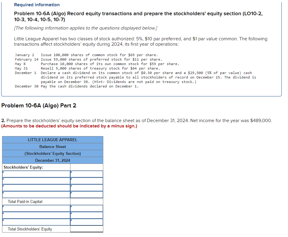 Solved Required Information Problem 10-6A (Algo) Record | Chegg.com