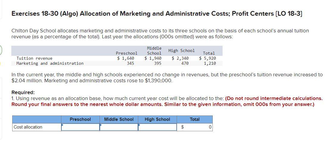 Solved Exercises 18−30 (Algo) Allocation of Marketing and | Chegg.com