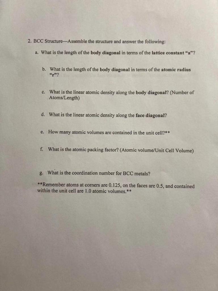 Solved 2. BCC Structure Assemble the structure and answer | Chegg.com