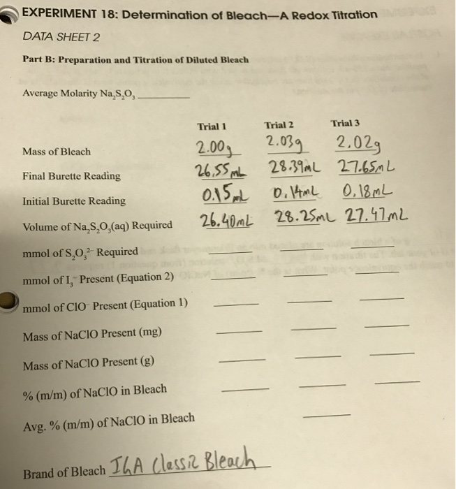 Solved EXPERIMENT 18 Determination of BleachA Redox