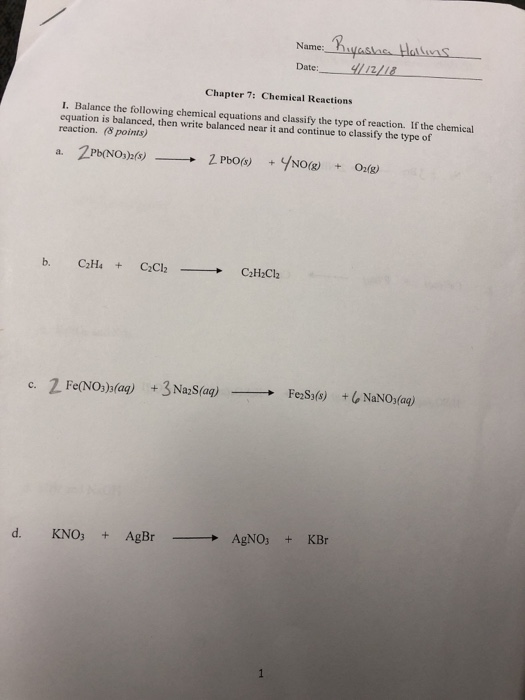 Solved Name: Date:i2liE Chapter 7: Chemical Reactions I. | Chegg.com