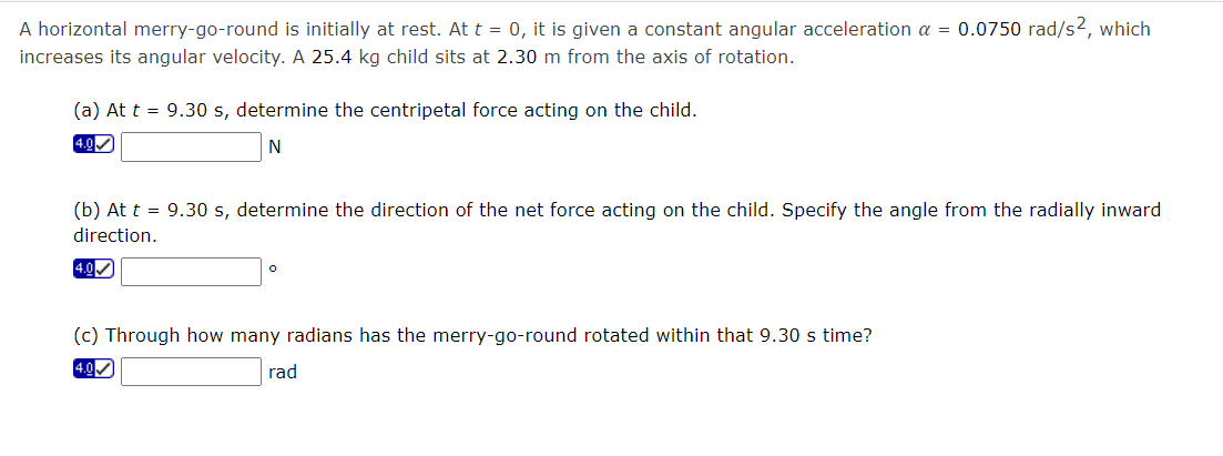 A horizontal merry-go-round is initially at rest. At \( t=0 \), it is given a constant angular acceleration \( \alpha=0.0750 