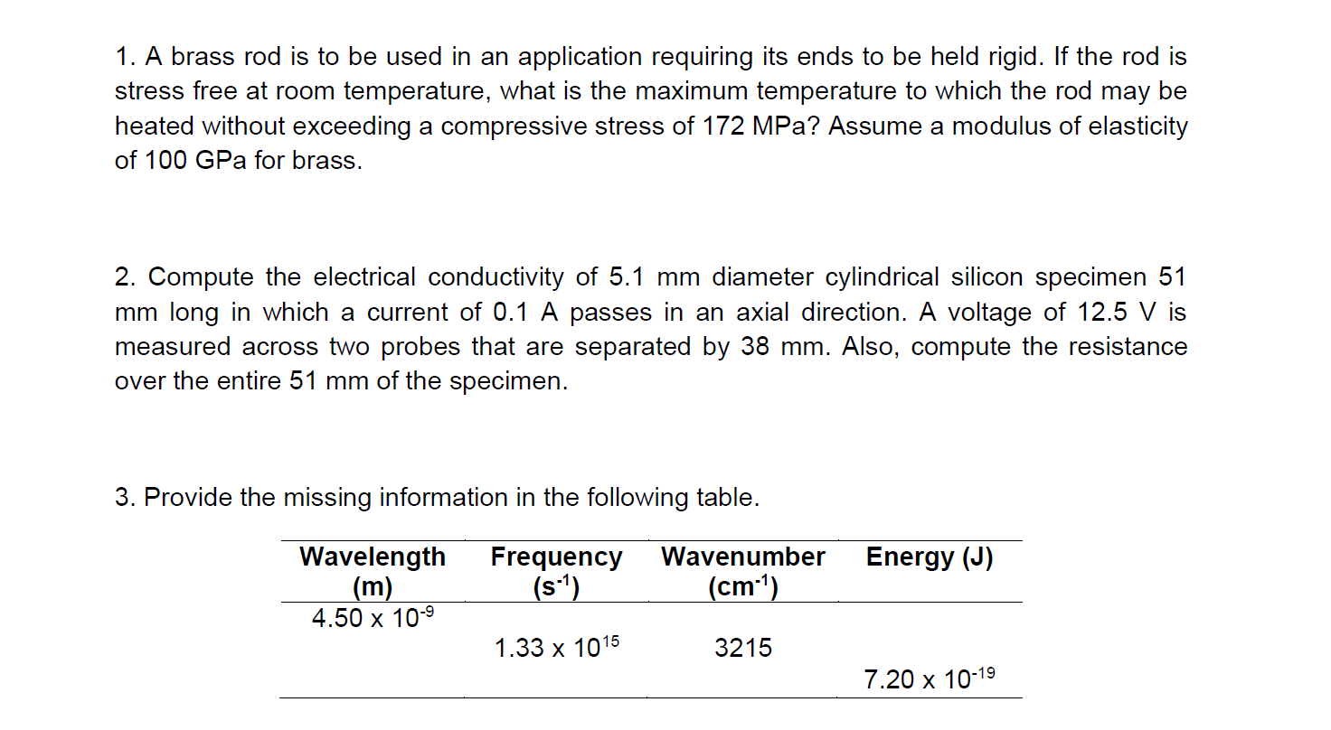 Solved 1. A brass rod is to be used in an application