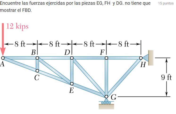 Encuentre las fuerzas ejercidas por las piezas EG, FH y DG. no tiene que mostrar el FBD.