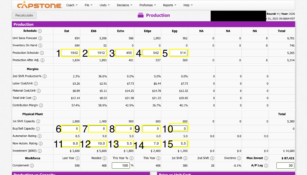 Please help with these Capsim Production numbers. I