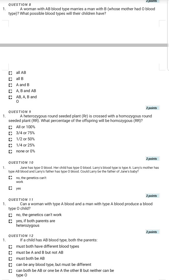 Solved 2 ponts QUESTION 8 A woman with AB blood type marries | Chegg.com
