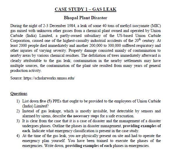 Solved CASE STUDY 1 GAS LEAK Bhopal Plant Disaster During