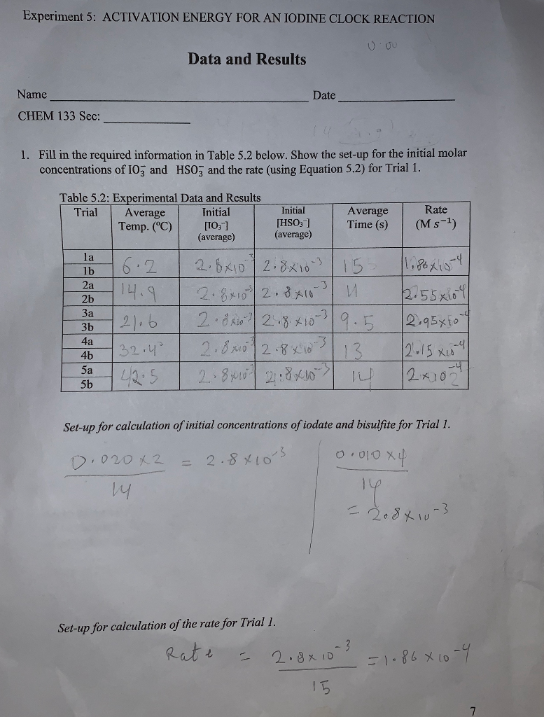 Experiment 5: ACTIVATION ENERGY FOR AN IODINE CLOCK | Chegg.com