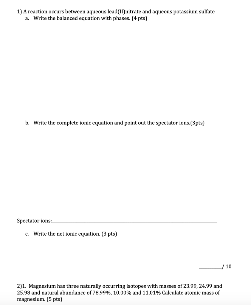 Solved 1) A reaction occurs between aqueous lead(II) nitrate