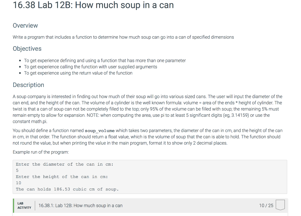 Solved 16.38 Lab 12B: How much soup in a can Overview Write | Chegg.com